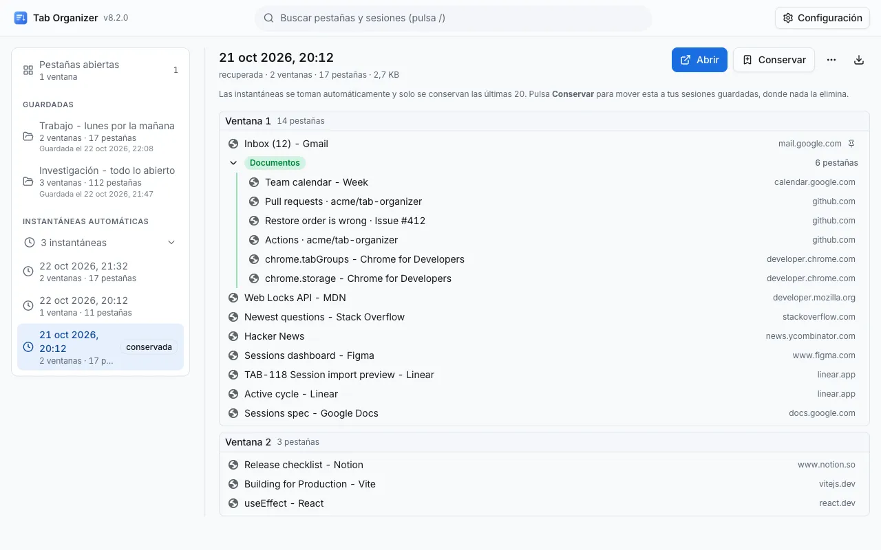 Una instantánea recuperada abierta en Tab Organizer, con tres instantáneas automáticas en la columna izquierda