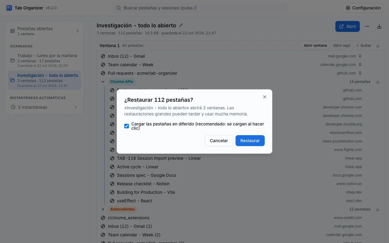 Tab Organizer pregunta «¿Restaurar 112 pestañas?» con la opción «Cargar las pestañas en diferido», sobre una sesión guardada de tres ventanas
