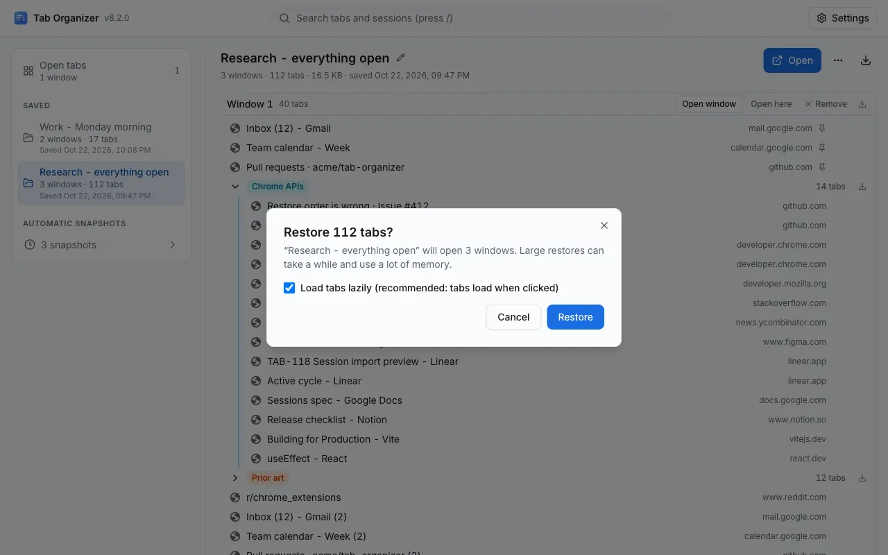 Tab Organizer asking "Restore 112 tabs?" with the option to load tabs lazily, over a saved session of three windows