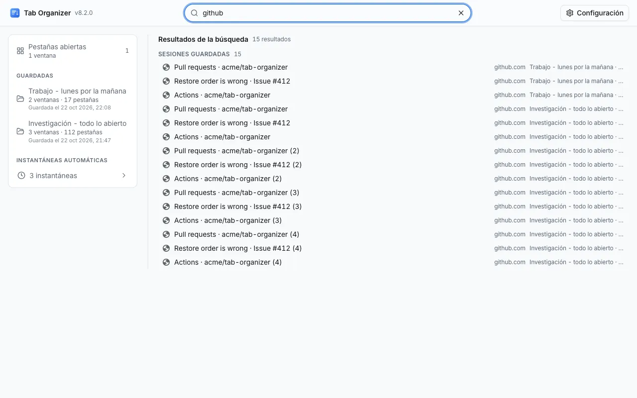 Resultados de buscar "github" en Tab Organizer, con pestañas de dos sesiones guardadas