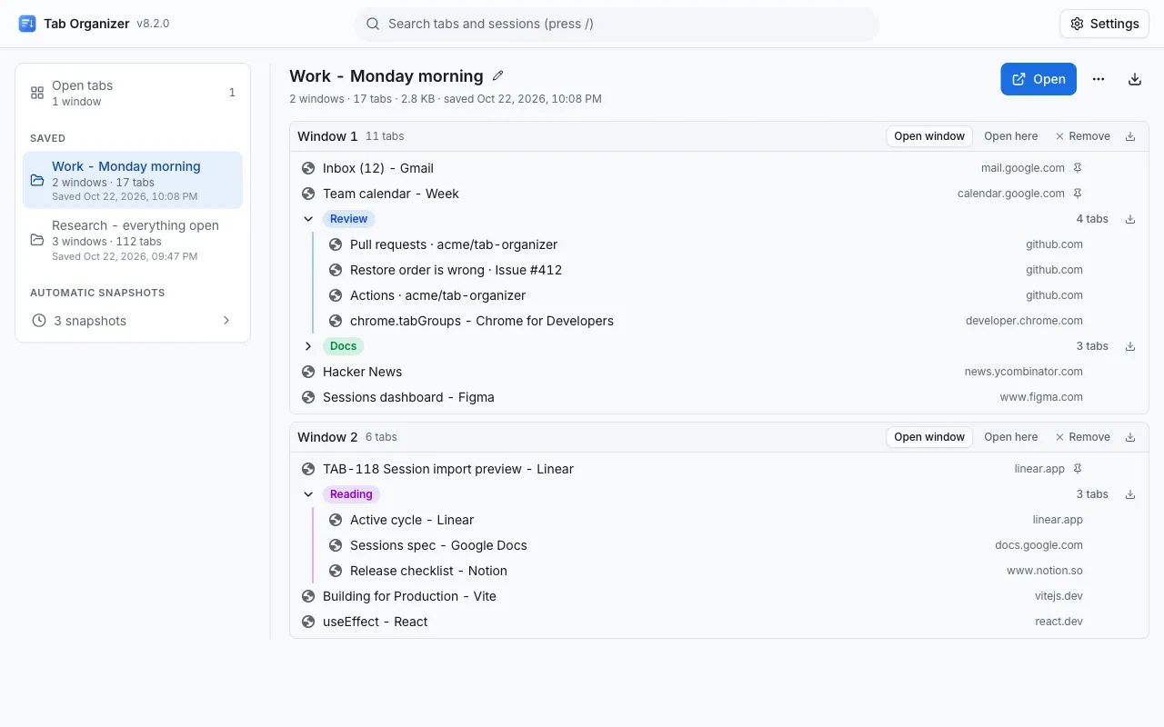 The Tab Organizer page: saved sessions in the left column, and a session of two windows with its pinned tabs and tab groups on the right