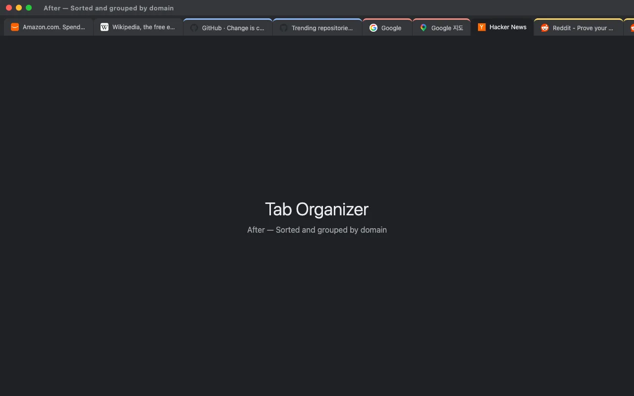 The same tab strip after one click: the tabs sorted by site, with the GitHub and Google tabs side by side in tab groups