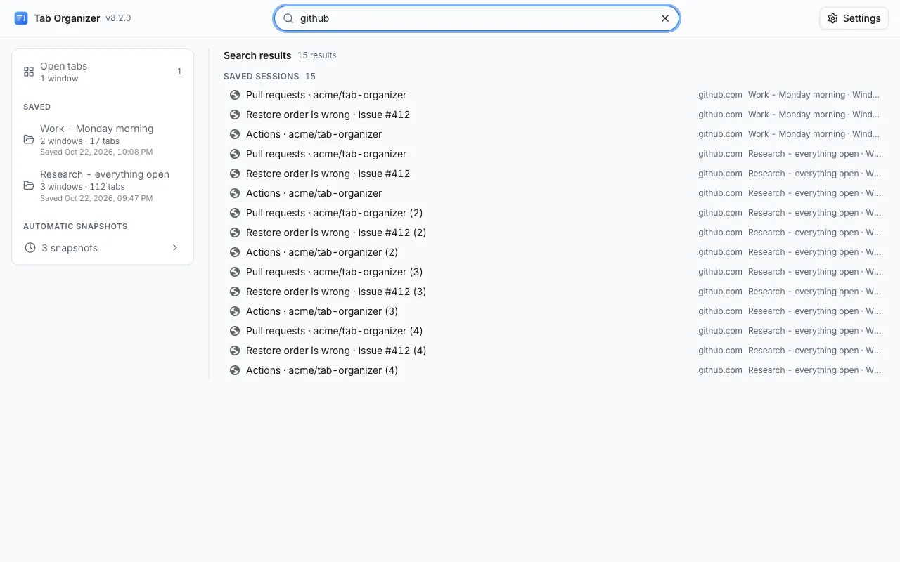 Search results for "github" in Tabinet, listing matching tabs from two saved sessions