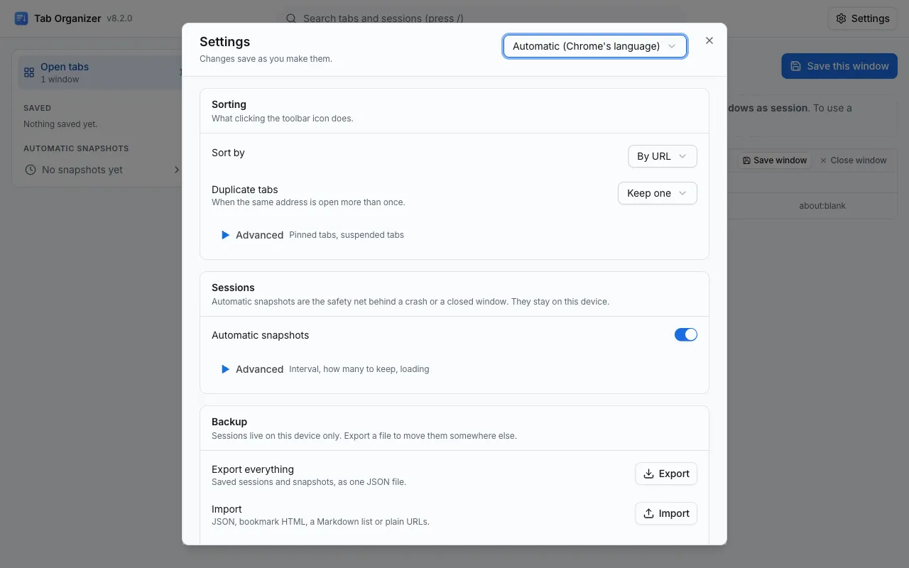 The Tabinet settings dialog: Sort by set to By URL, Duplicate tabs set to Keep one, and Automatic snapshots switched on