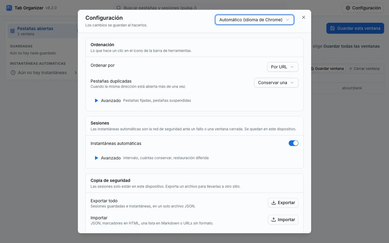 El cuadro de Configuración de Tabinet: «Ordenar por» en «Por URL», «Pestañas duplicadas» en «Conservar una» e «Instantáneas automáticas» activadas